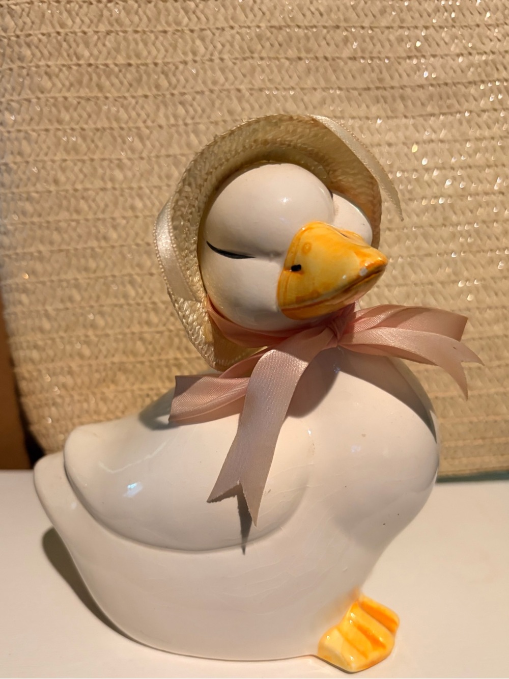 White Ceramic Duck Figurine with Pink Ribbon and Straw Hat
